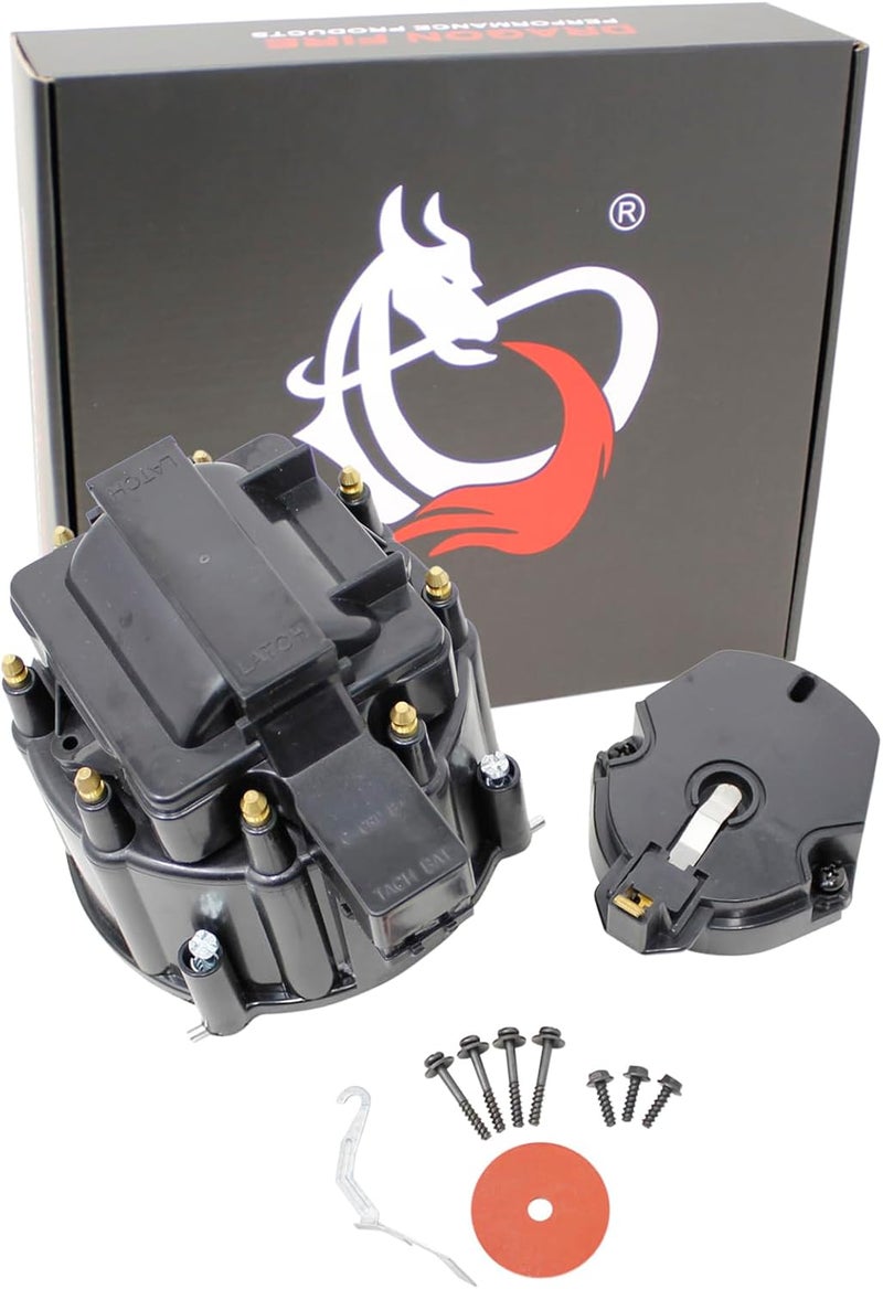 AIP Electronics DRAGON FIRE PERFORMANCE BLACK HEI Distributor Cap and Rotor Set w/ Brass Terminals Complete w/ Coil Cover Compatible with All V8 / 8 Cylinder Engines With HEI Replaces D336X D4001 Oem Fit CAP1031-BLK - Image 1